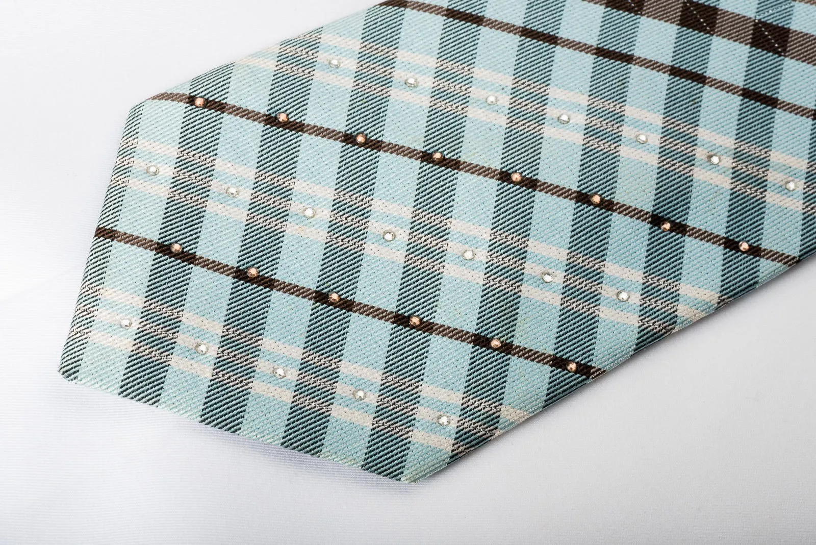 Arpeggio Silk Rhinestone Necktie Blue Brown White Plaid With Sparkles