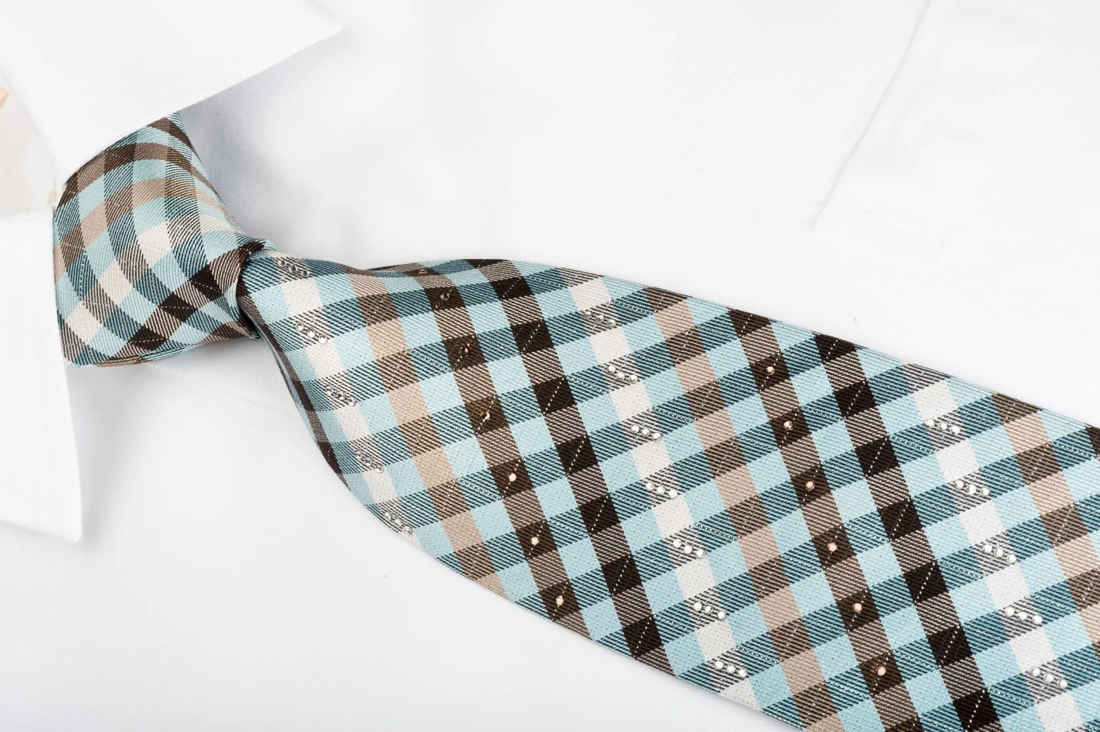 Arpeggio Silk Rhinestone Necktie Blue Brown White Plaid With Sparkles