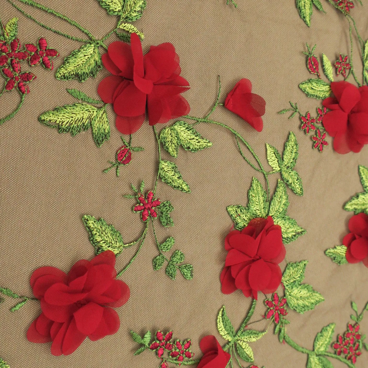 Black Tulle with Red Floral Design Embroidered Fabric
