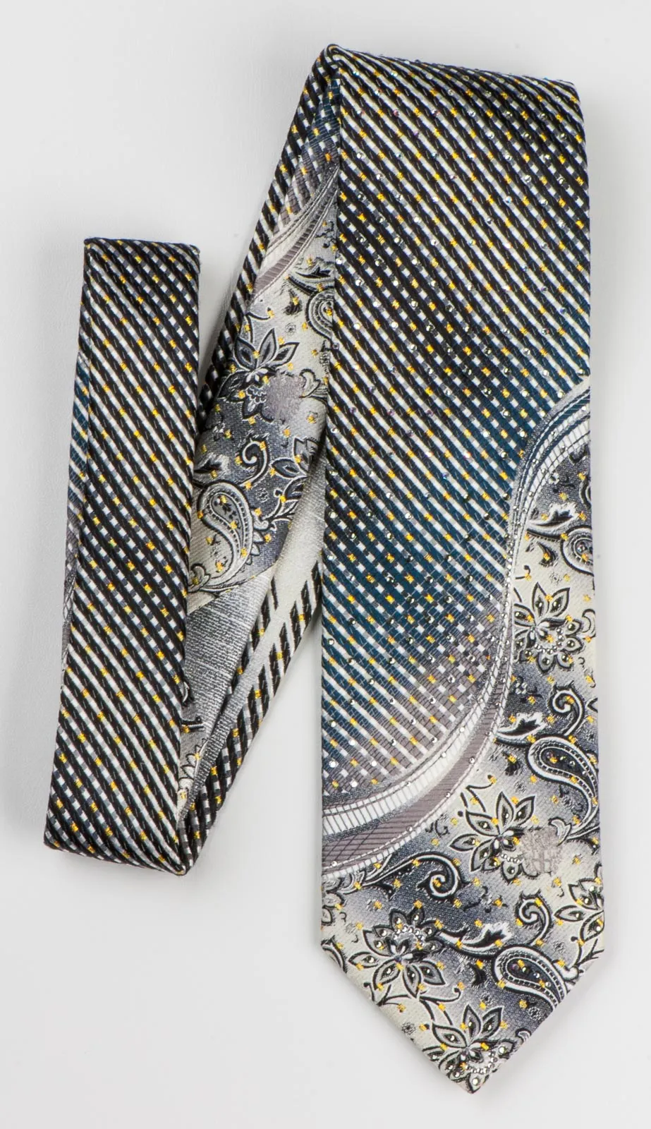 Daks Men's Rhinestone Tie Gray Stripes & Floral With Golden Sparkles