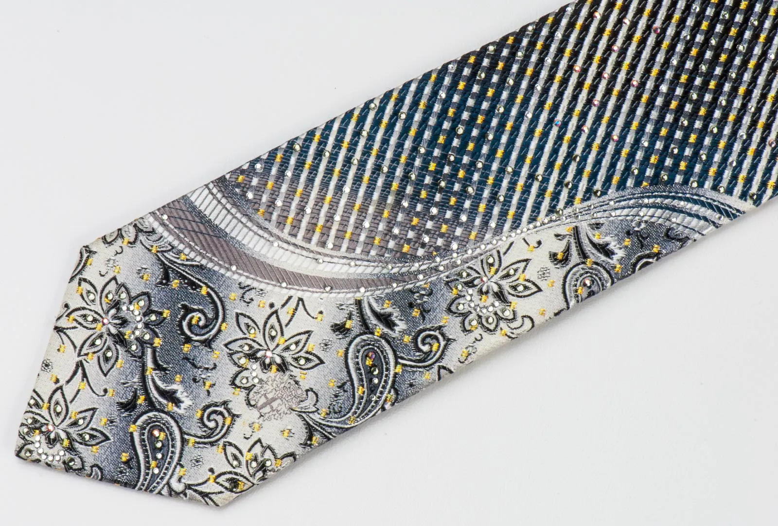 Daks Men's Rhinestone Tie Gray Stripes & Floral With Golden Sparkles