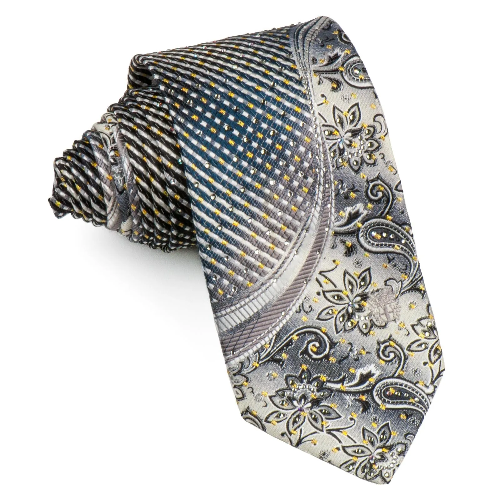 Daks Men's Rhinestone Tie Gray Stripes & Floral With Golden Sparkles