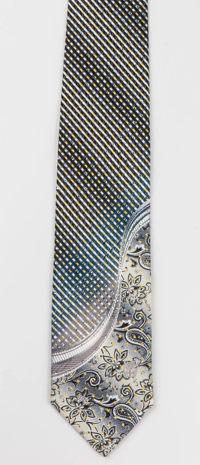 Daks Men's Rhinestone Tie Gray Stripes & Floral With Golden Sparkles