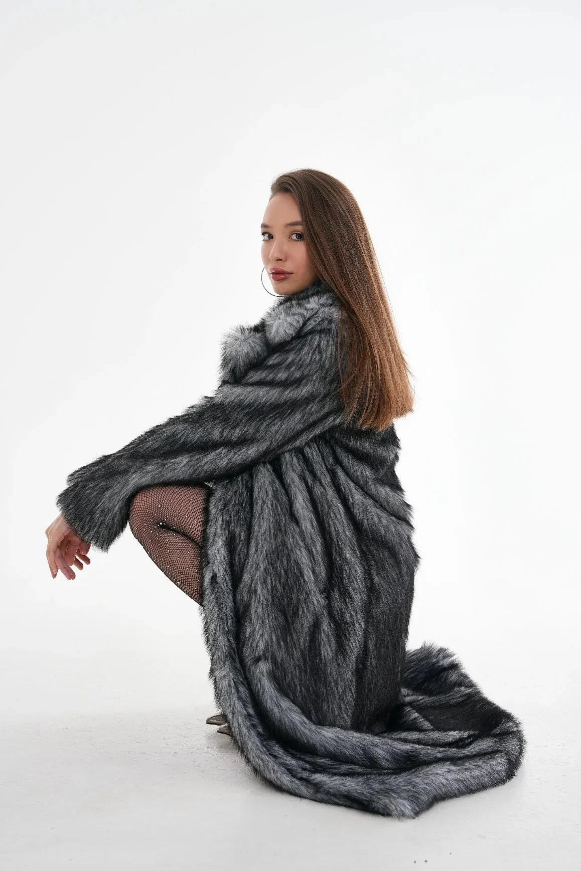 Long Faux Fur Coat  Gray Chinchilla Pattern