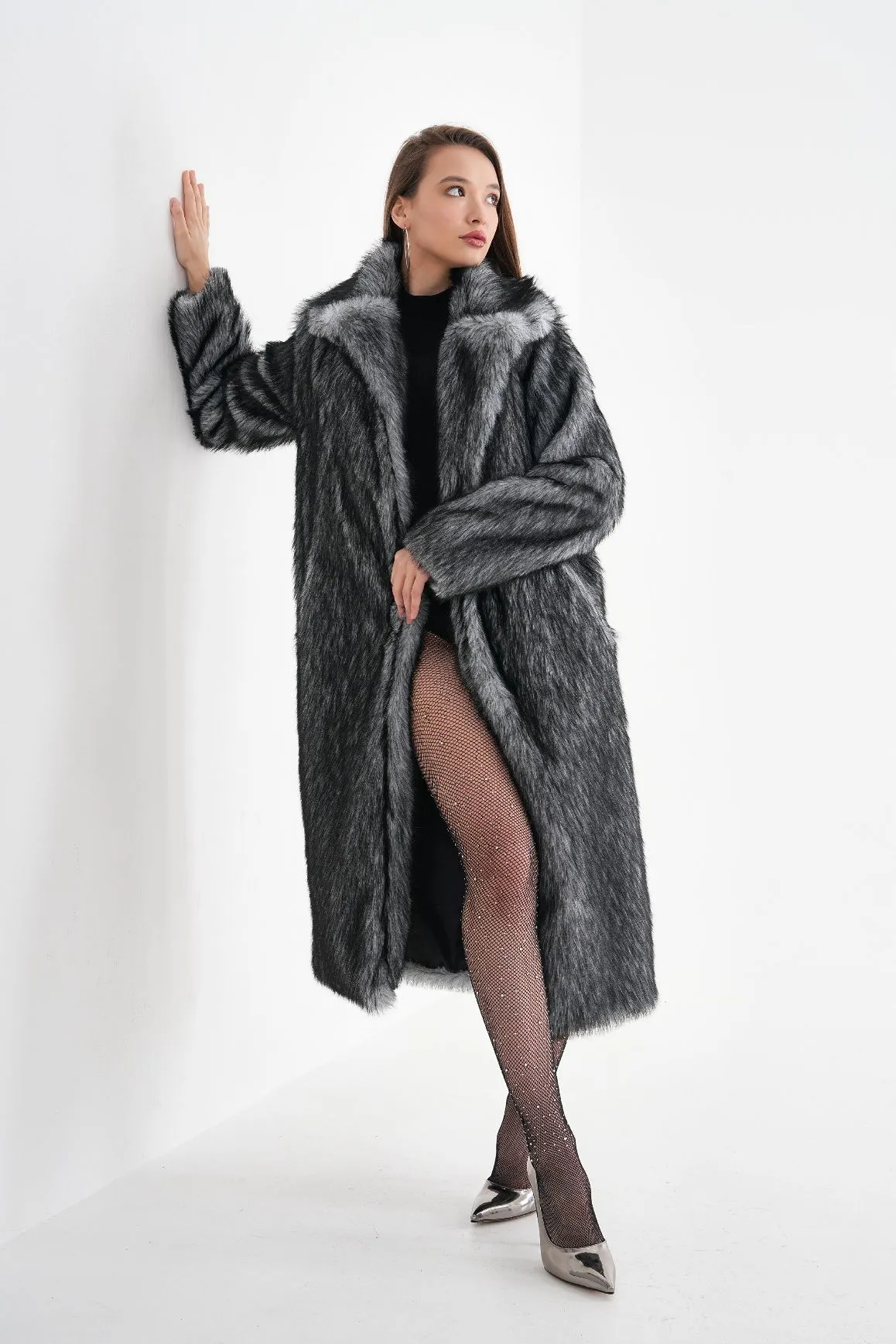 Long Faux Fur Coat  Gray Chinchilla Pattern