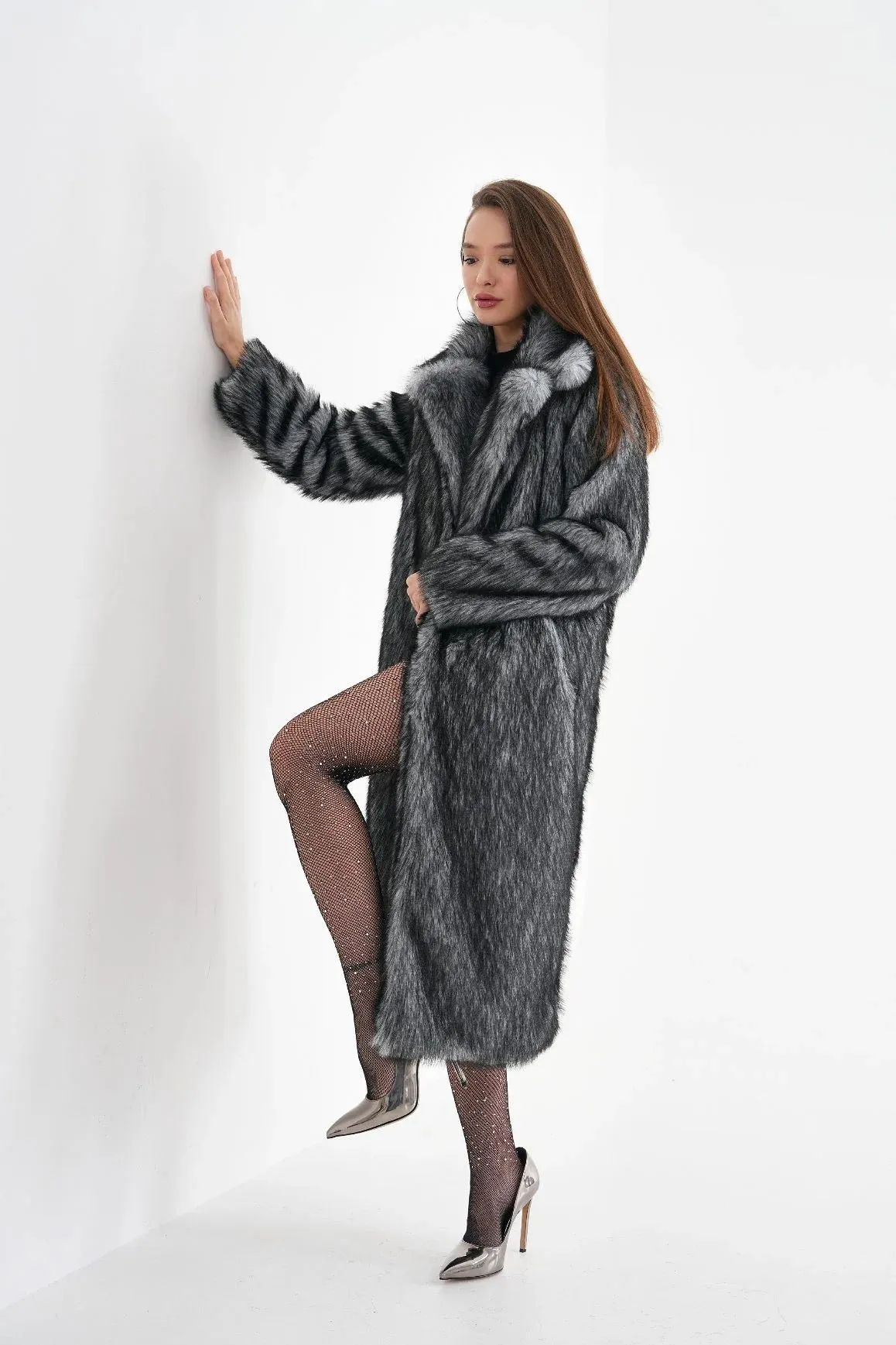 Long Faux Fur Coat  Gray Chinchilla Pattern