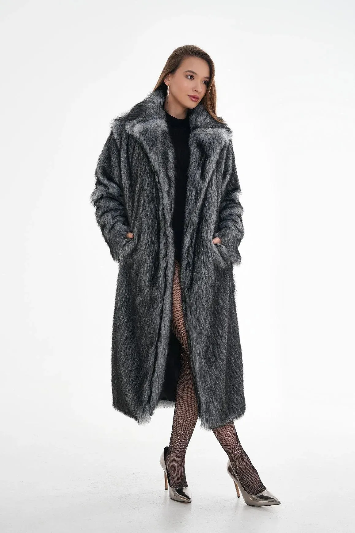 Long Faux Fur Coat  Gray Chinchilla Pattern