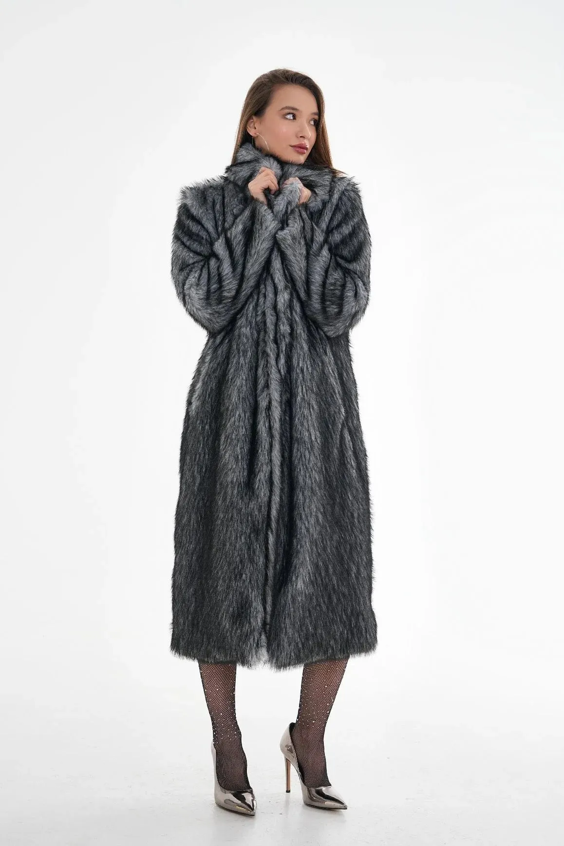 Long Faux Fur Coat  Gray Chinchilla Pattern