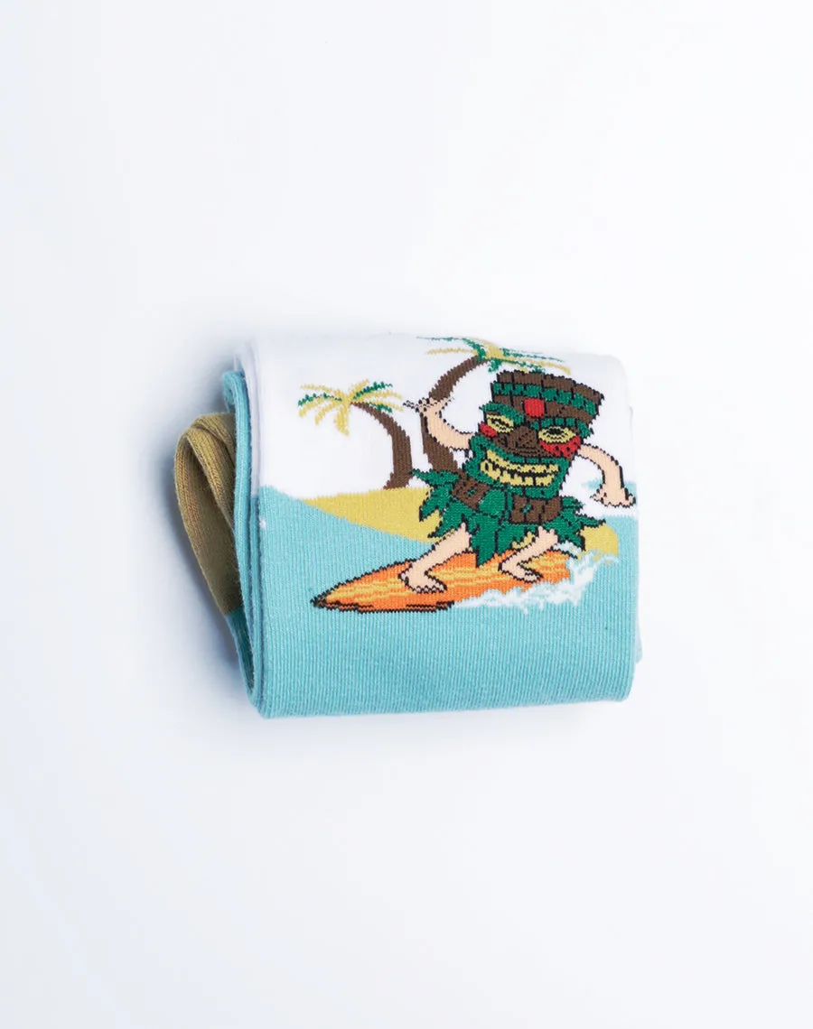 Men's Surfs Up Tiki Hawaiian Tropical Crew Socks