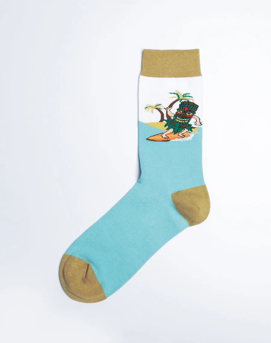Men's Surfs Up Tiki Hawaiian Tropical Crew Socks