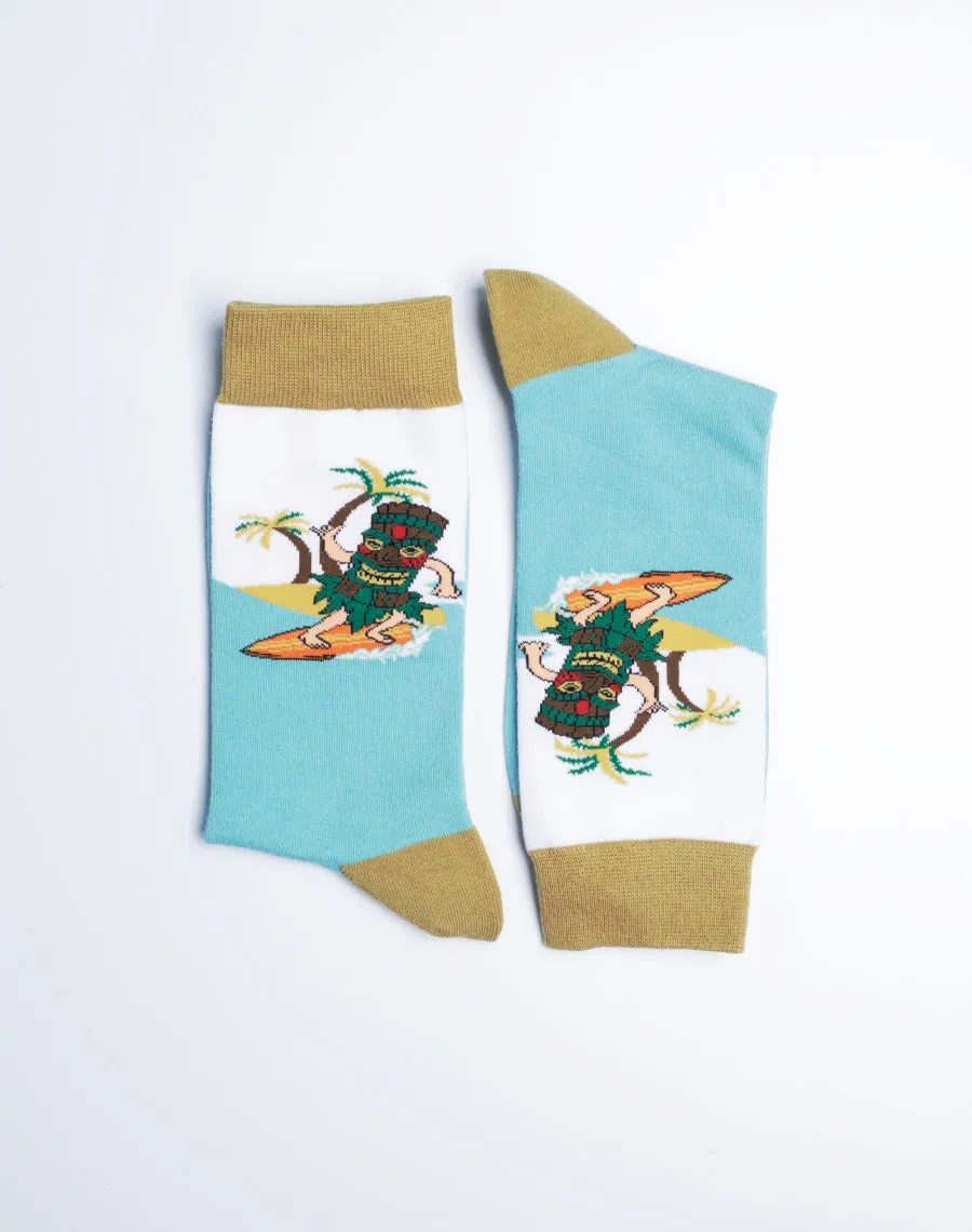Men's Surfs Up Tiki Hawaiian Tropical Crew Socks
