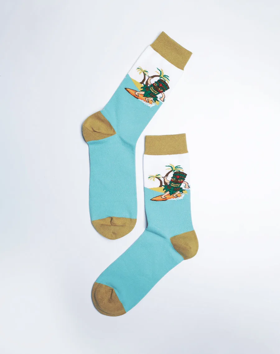 Men's Surfs Up Tiki Hawaiian Tropical Crew Socks