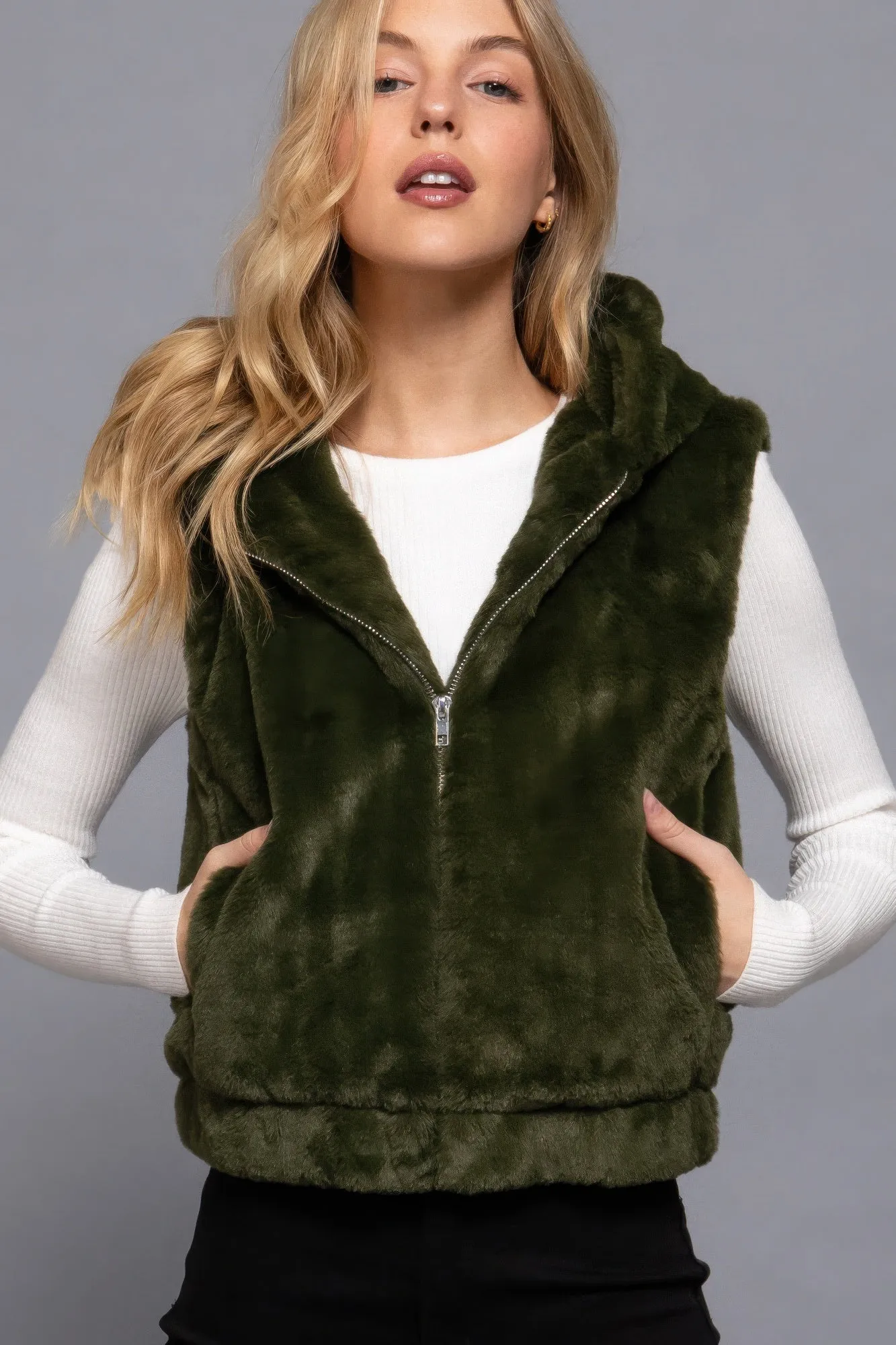 Olive Green Hoodie Faux Fur Vest