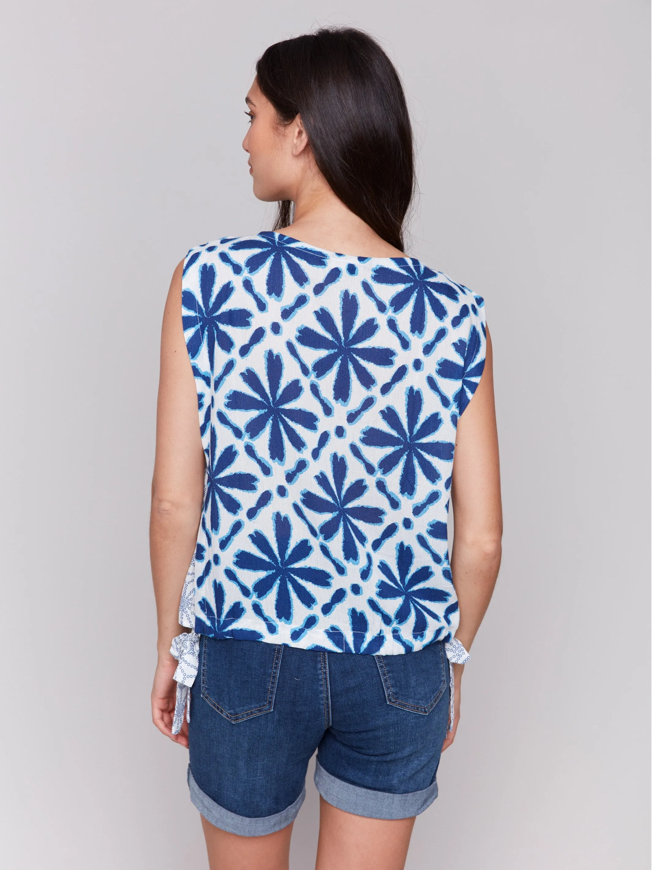 Printed Sleeveless Blouse with Side Ties - Mosaic