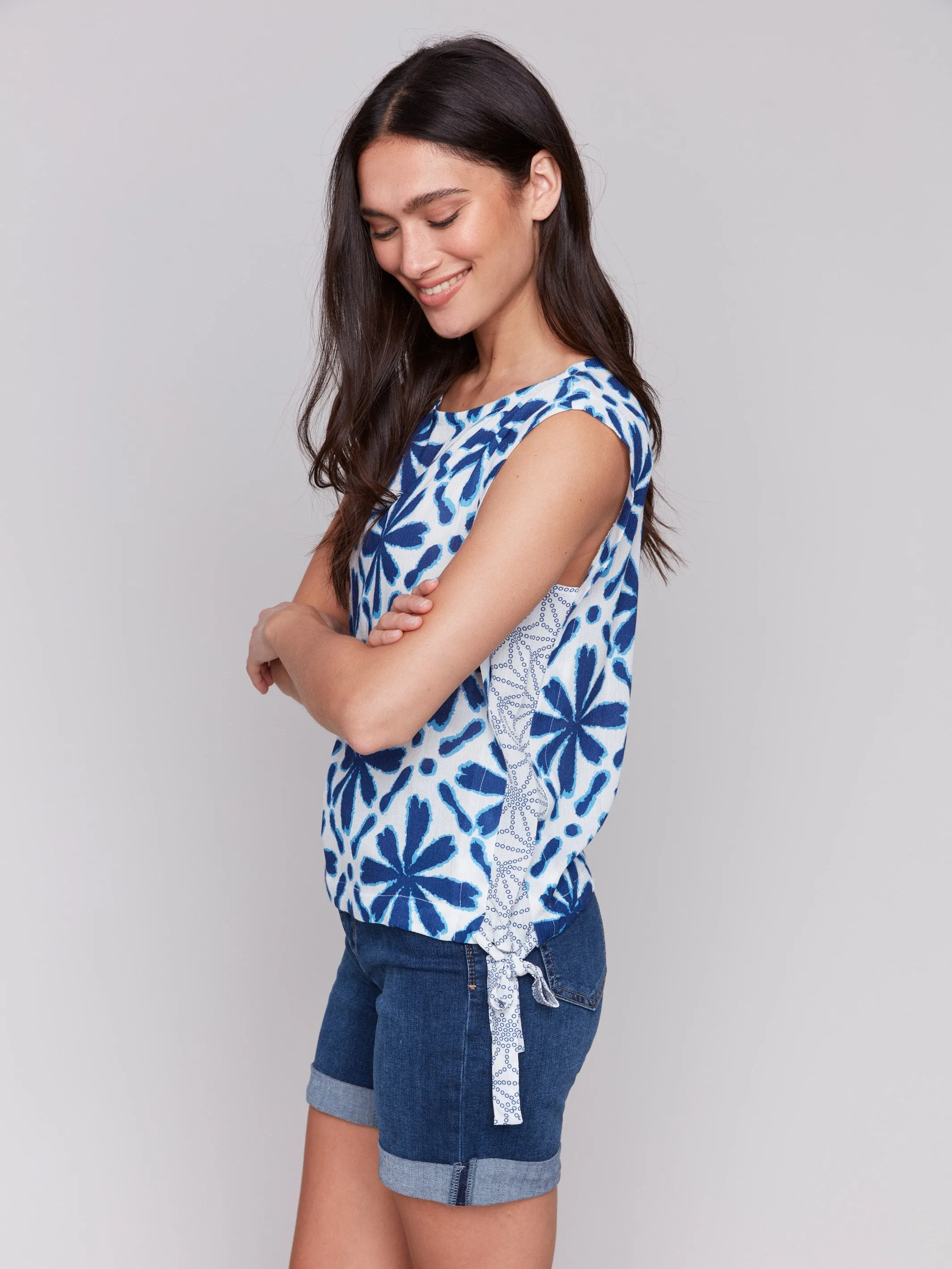 Printed Sleeveless Blouse with Side Ties - Mosaic