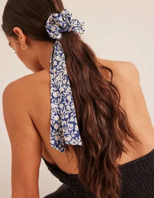 Scarf Hair Scrunchie-French Navy, Abstract Vine